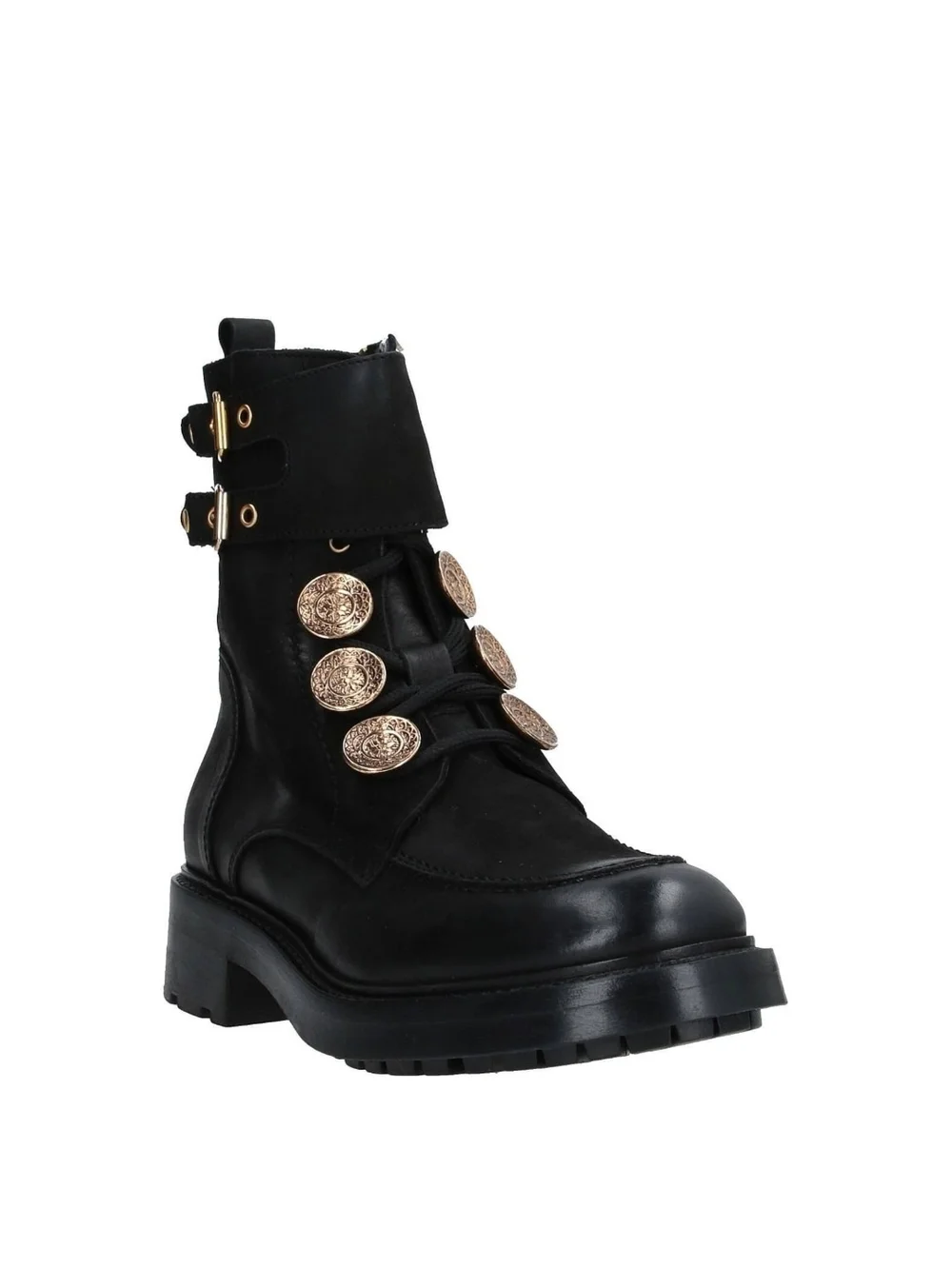 Designer Leather Combat Ankle Boots with Gold Button Accents
